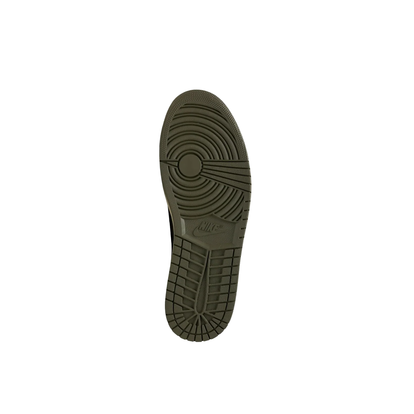 ordan 1 Travis Scott Medium Olive – Ansicht der Gummisohle mit Nike Logo und rutschfestem Profil