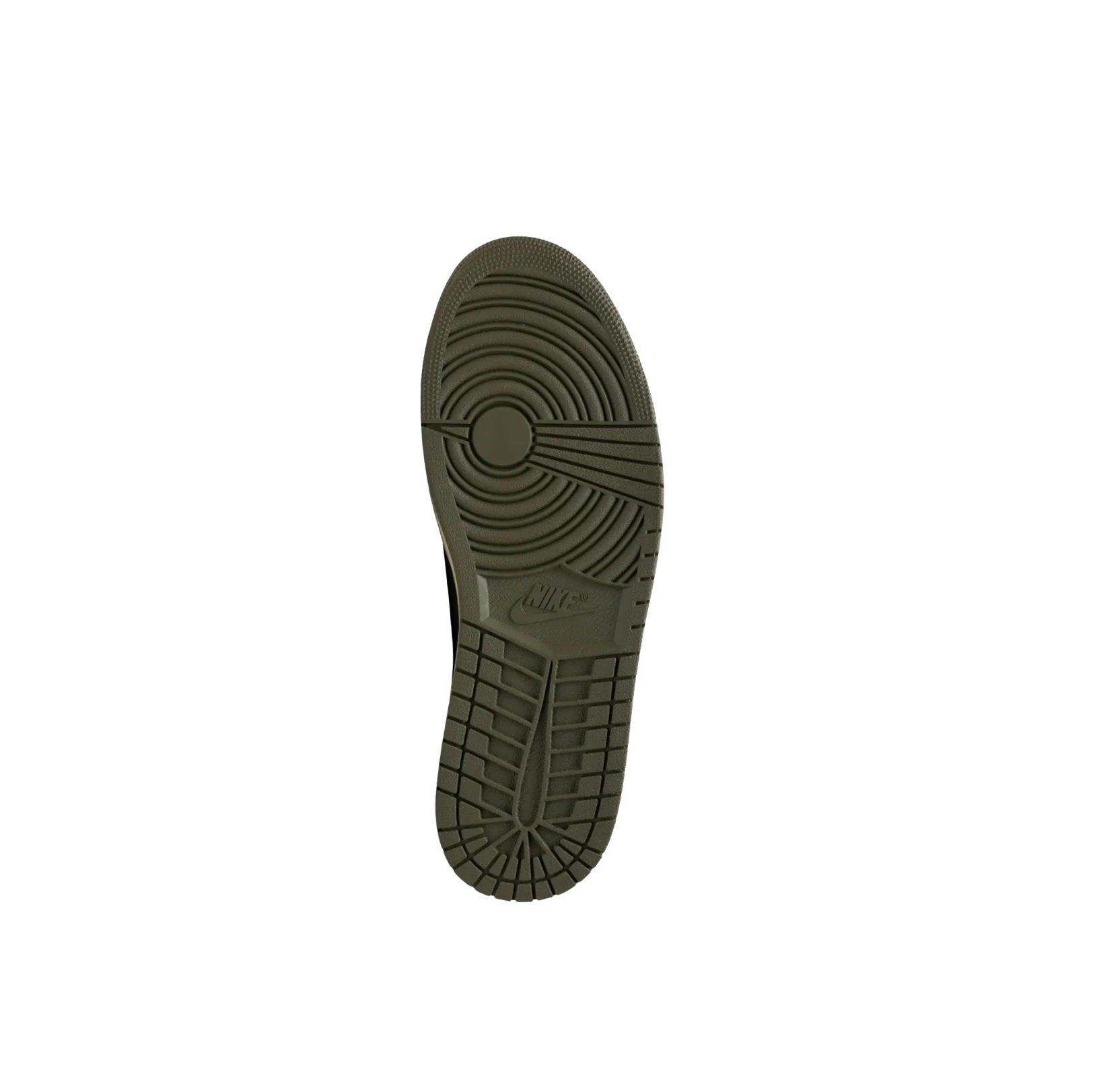 ordan 1 Travis Scott Medium Olive – Ansicht der Gummisohle mit Nike Logo und rutschfestem Profil