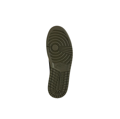 ordan 1 Travis Scott Medium Olive – Ansicht der Gummisohle mit Nike Logo und rutschfestem Profil
