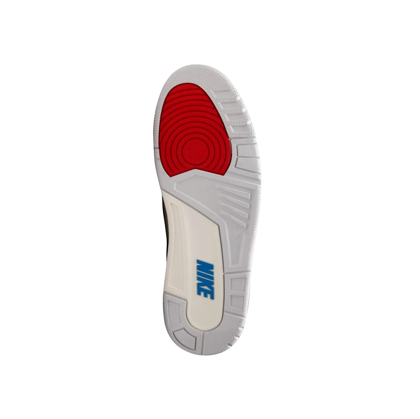 Jordan 3 Retro OG Rare Air – Sohlenansicht mit blauem Nike-Logo und griffiger Gummisohle