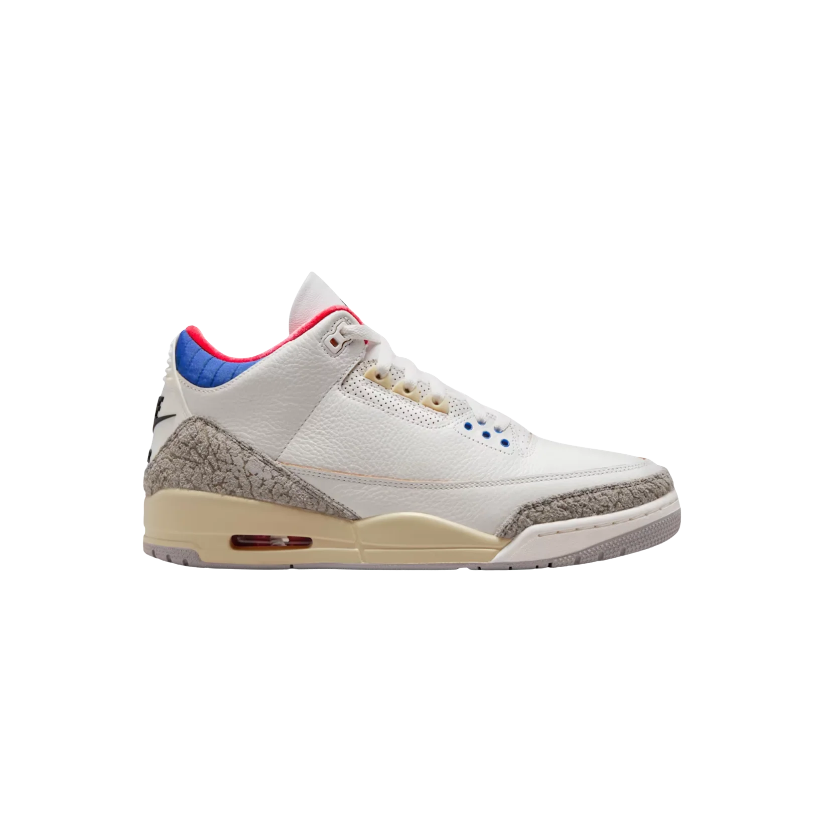 Jordan 3 Retro Seoul 2.0 – Seitenansicht des weißen Ledersneakers mit Elephant Print und beiger Sohle