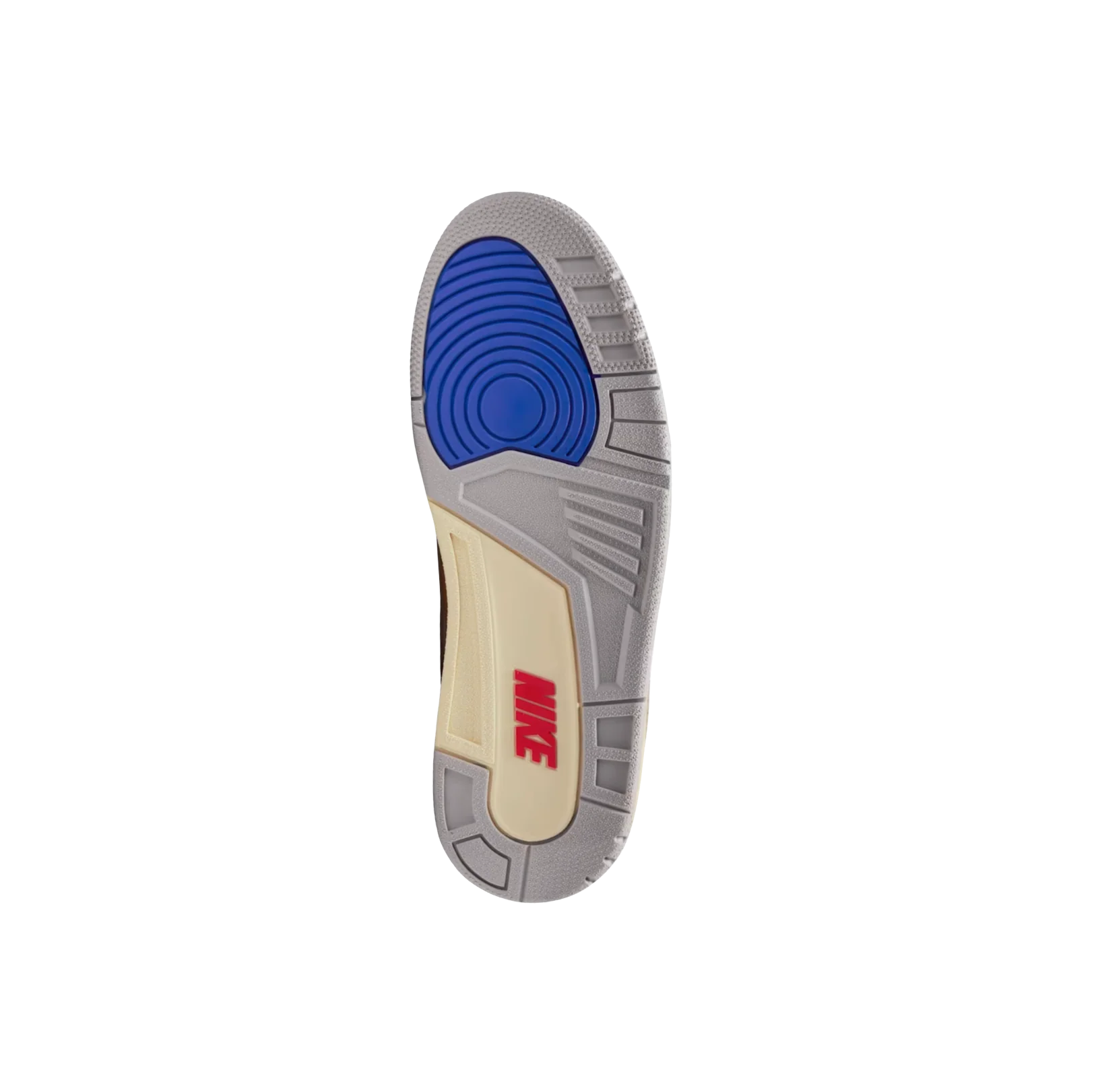 Jordan 3 Retro Seoul 2.0 – Sohlenansicht mit rotem Nike-Logo, grauen Gummidetails und blauen Grip-Zonen