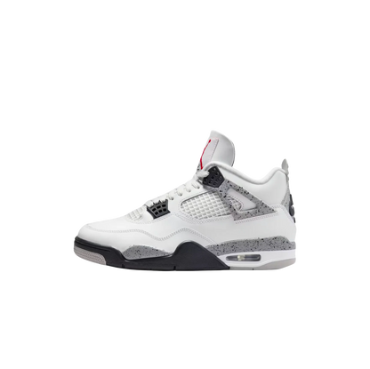 Jordan 4 OG White Cement – Innenseite Retro-Sneaker aus weißem Leder mit gesprenkelter Zwischensohle und Nike Air Logo an der Ferse