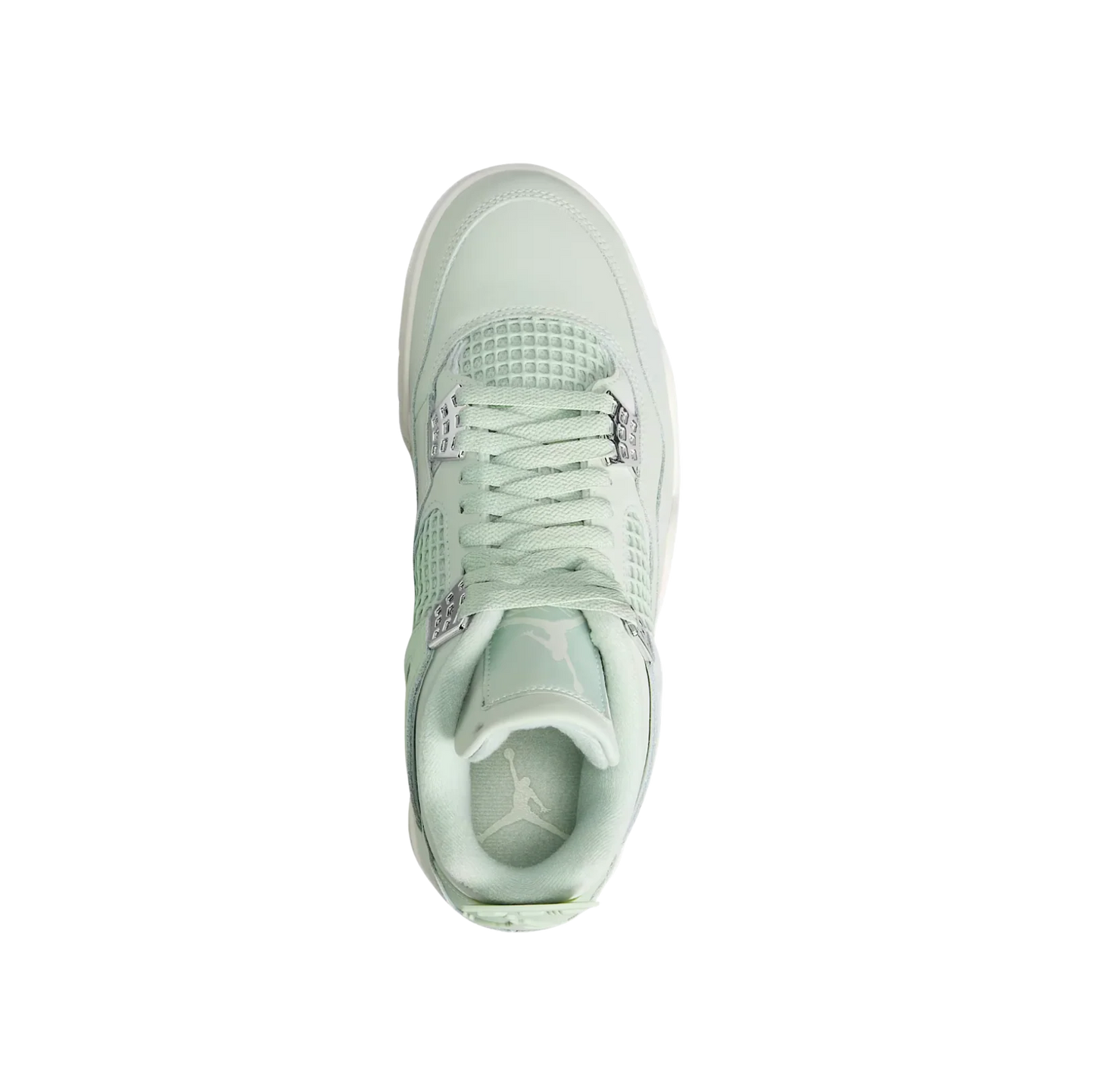 Air Jordan 4 Retro Seafoam – Draufsicht mit klassischer Schnürung, Mesh-Details und gepolstertem Textilfutter