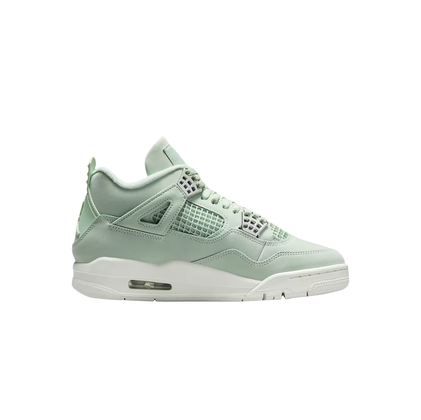 Jordan 4 Retro Seafoam – Seitenansicht aus beschichtetem Leder mit AJ4-Cage und weißer Gummisohle