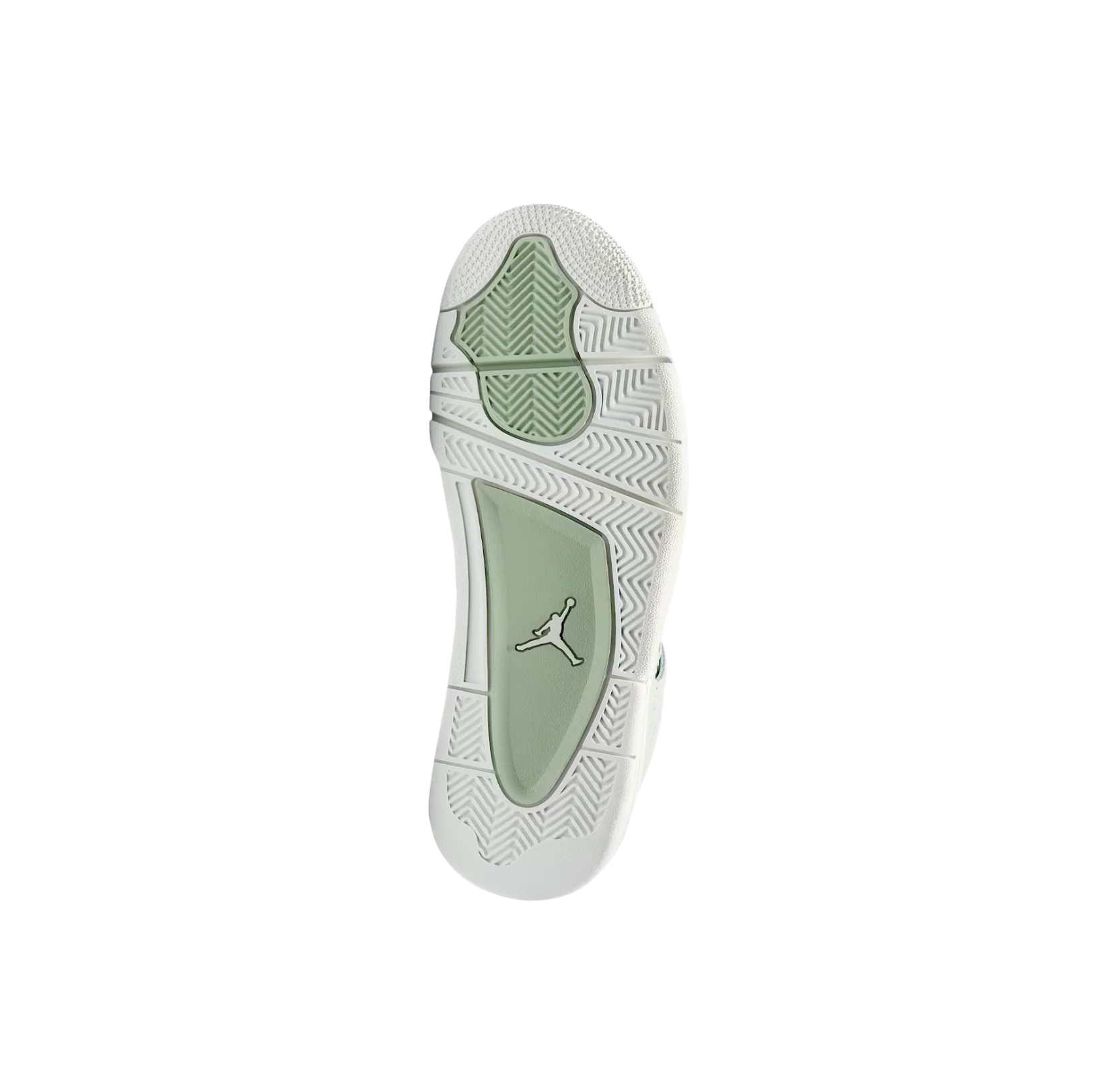 Jordan 4 Retro Seafoam – Sohlenansicht mit rutschfestem Profil und rotem Jumpman-Logo