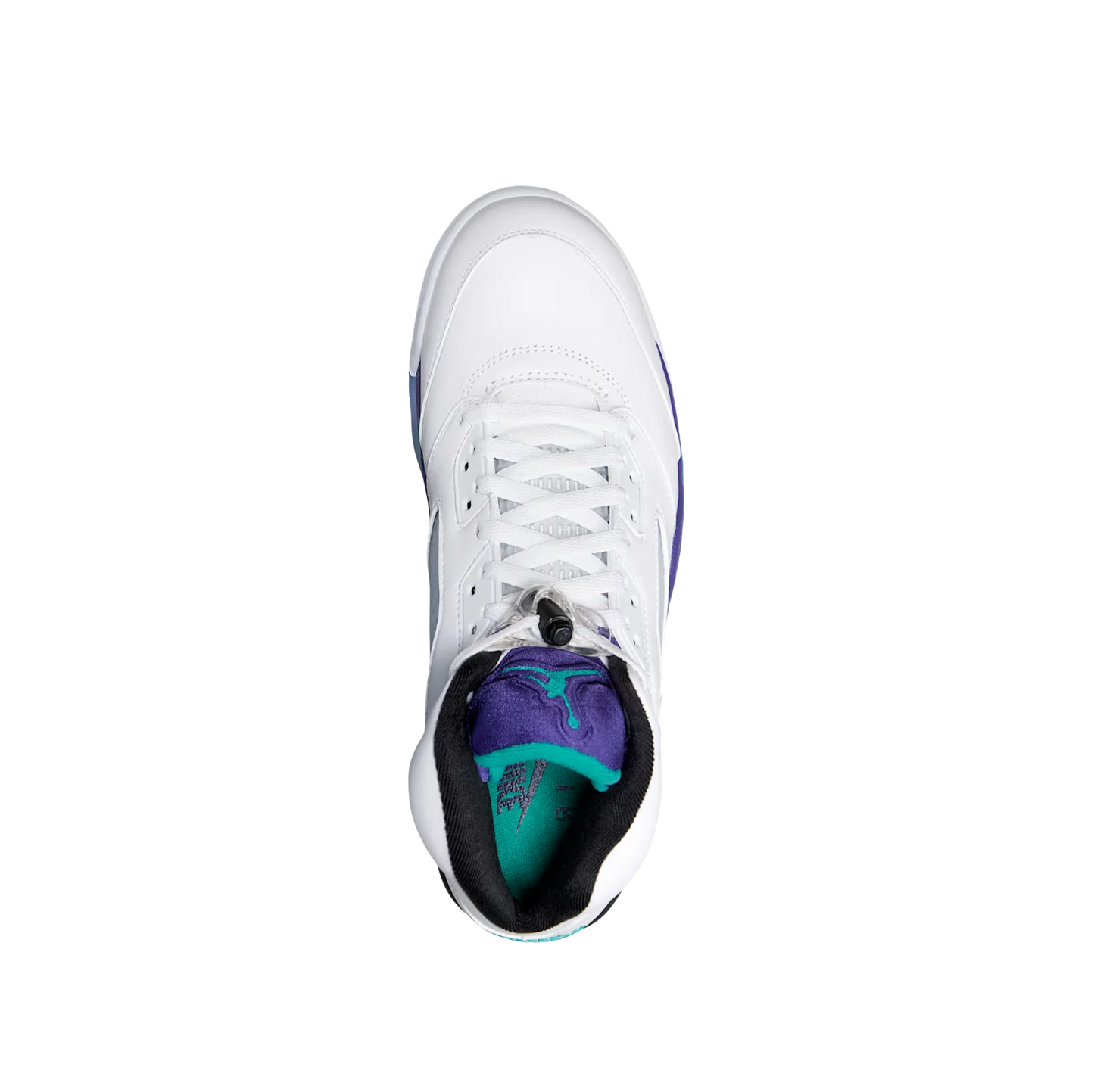 Jordan 5 OG Grape – Oberansicht Retro-Sneaker mit violetter Zunge, gepolstertem Schaft und Schnürung mit Lace-Lock