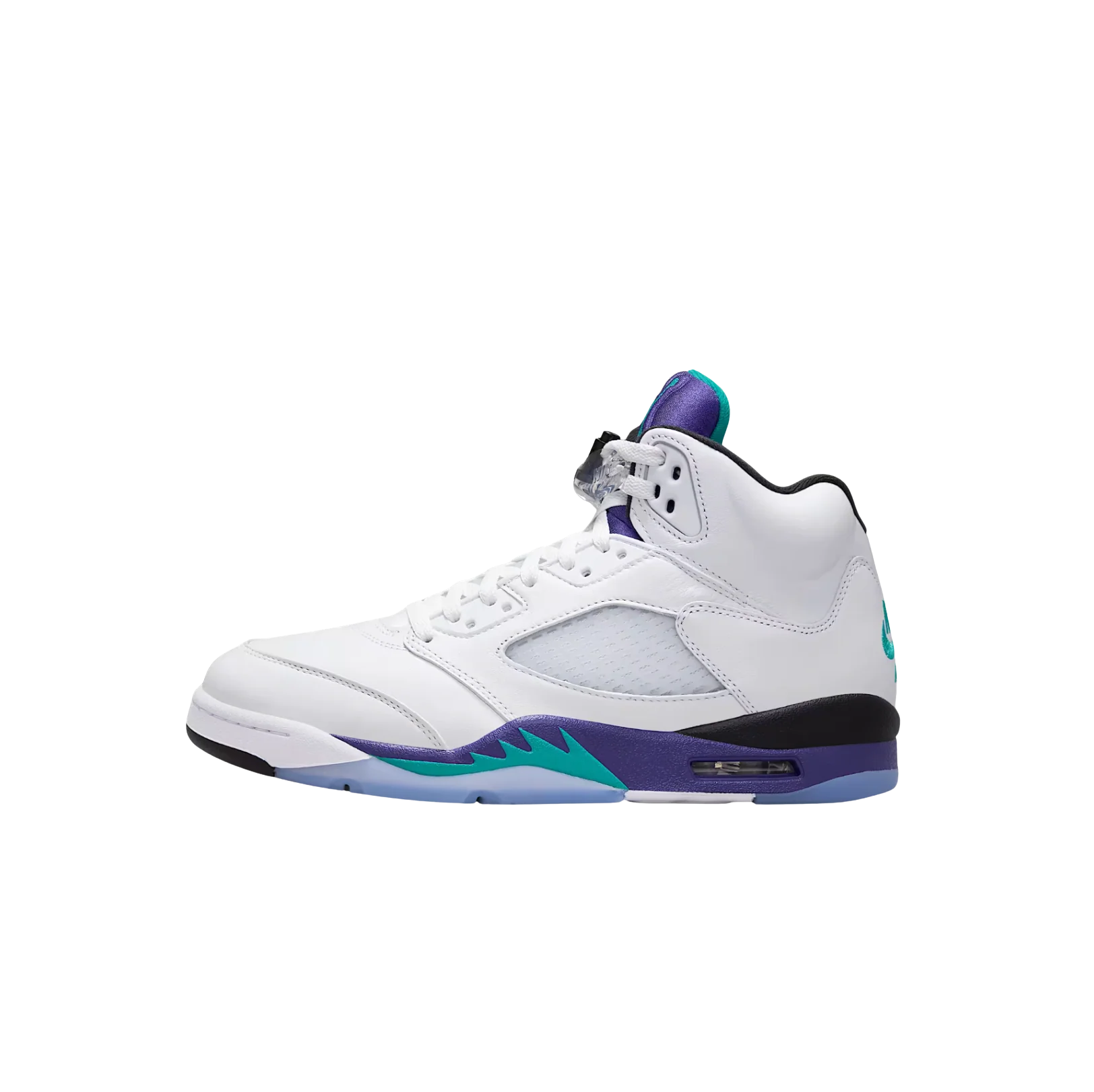 Jordan 5 OG Grape – Innenseite Retro-Sneaker aus glattem Leder mit New Emerald Akzenten und sichtbarer Nike Air Dämpfung