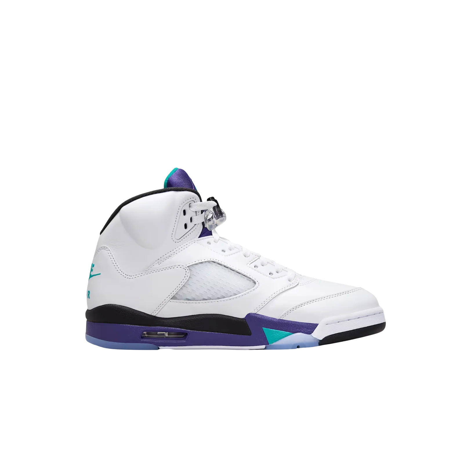Jordan 5 OG Grape – Seitenansicht Retro-Sneaker aus weißem Leder mit Grape Ice Details und Nike Air Dämpfung